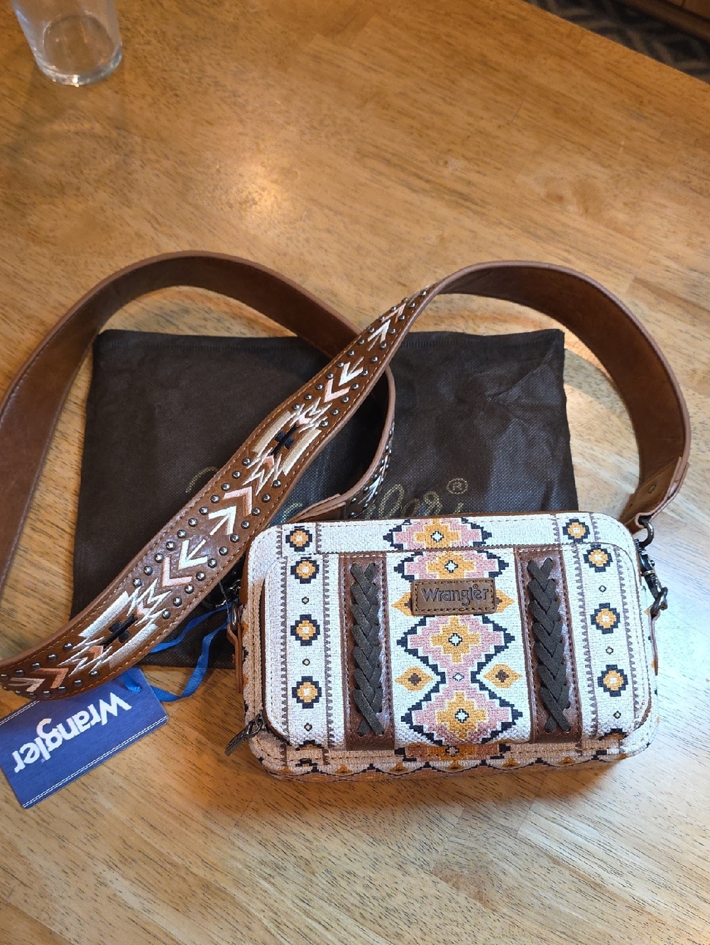 Wrangler Southwestern Embroidered Crossbody in Cream, Brown & Yellow